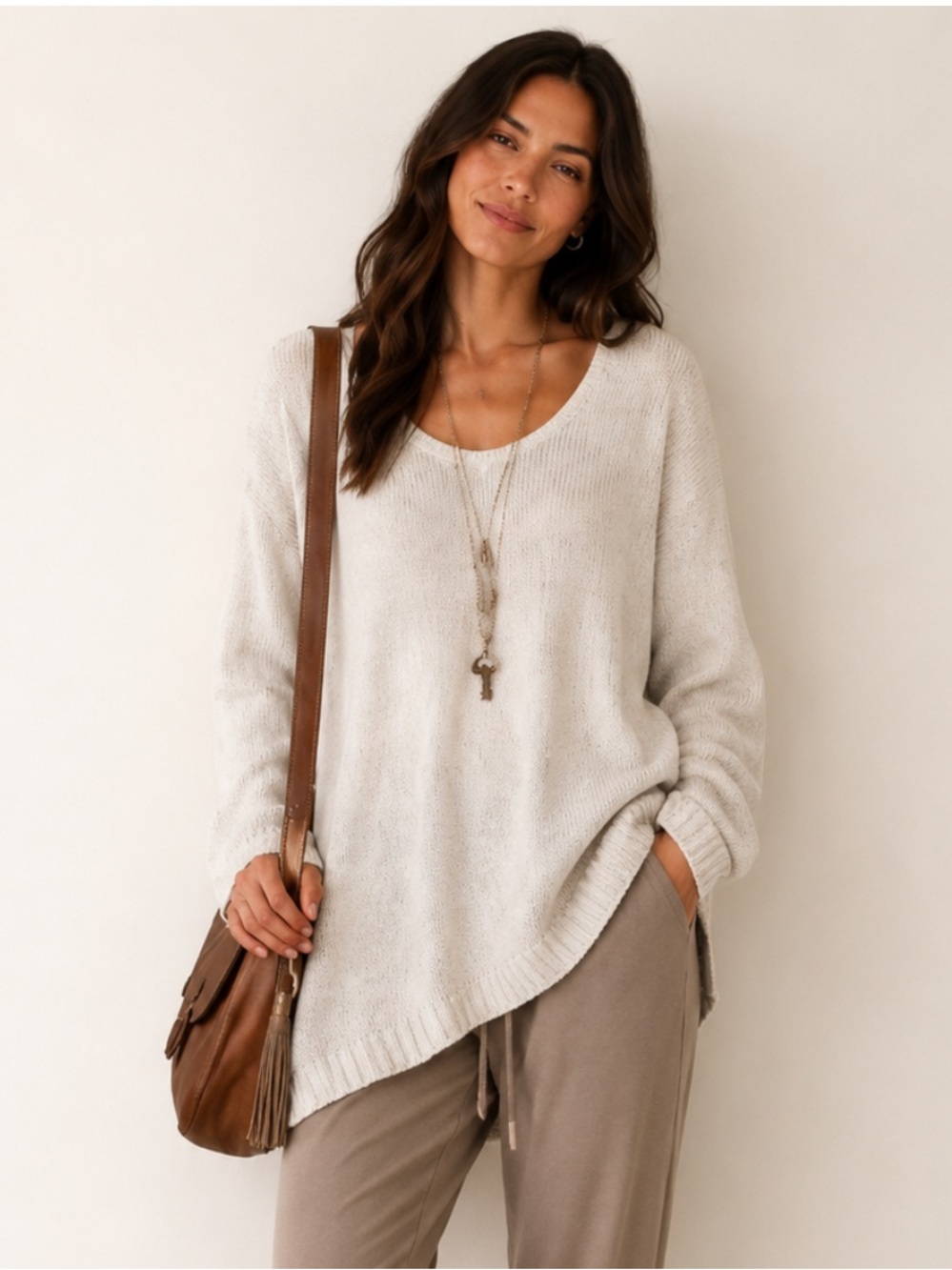 J. Jill Cotton Light Beige Crewneck Knit Lagenlook Sweater